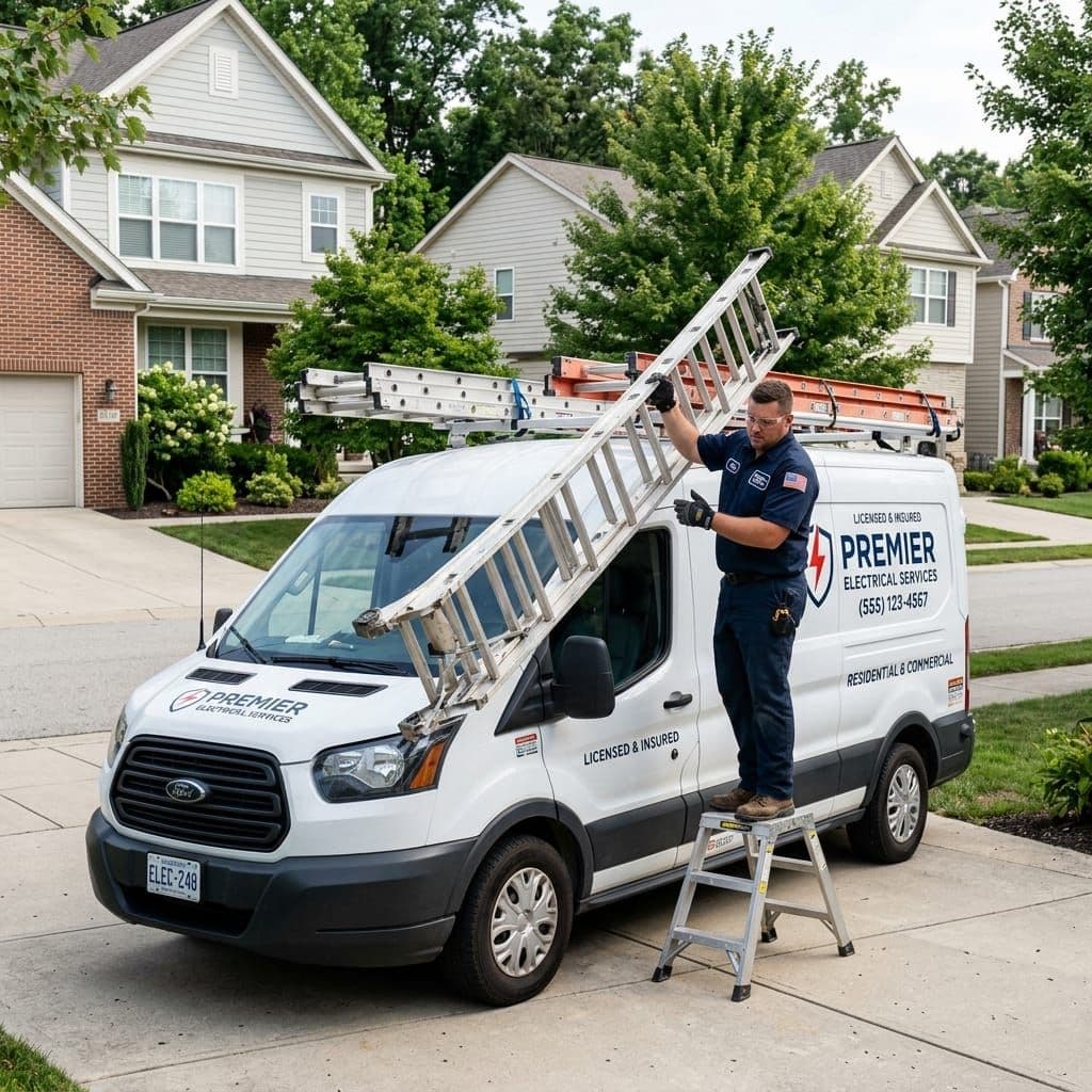 Uniformed crew member loading extension ladders onto a branded work van in a driveway