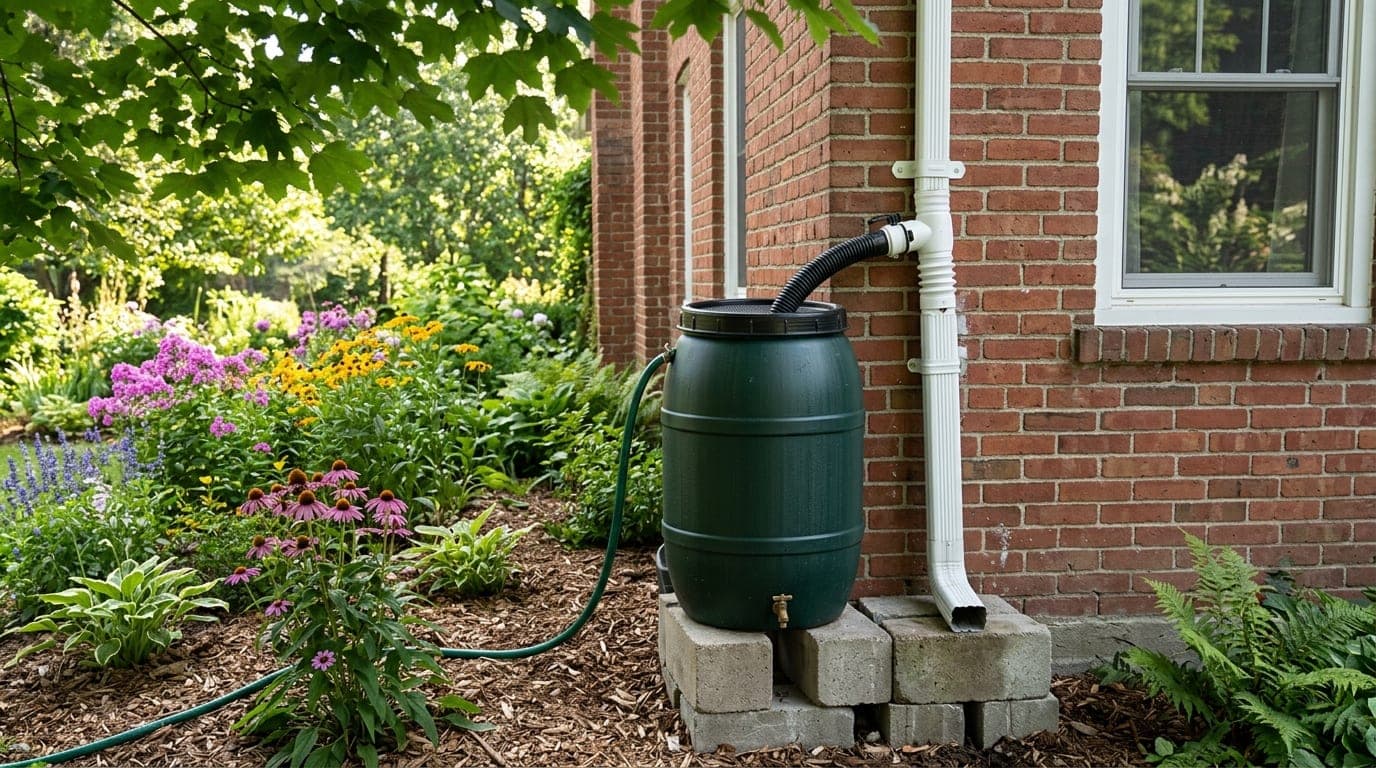 Rain barrel on a raised block base fed from a downspout diverter beside a garden bed