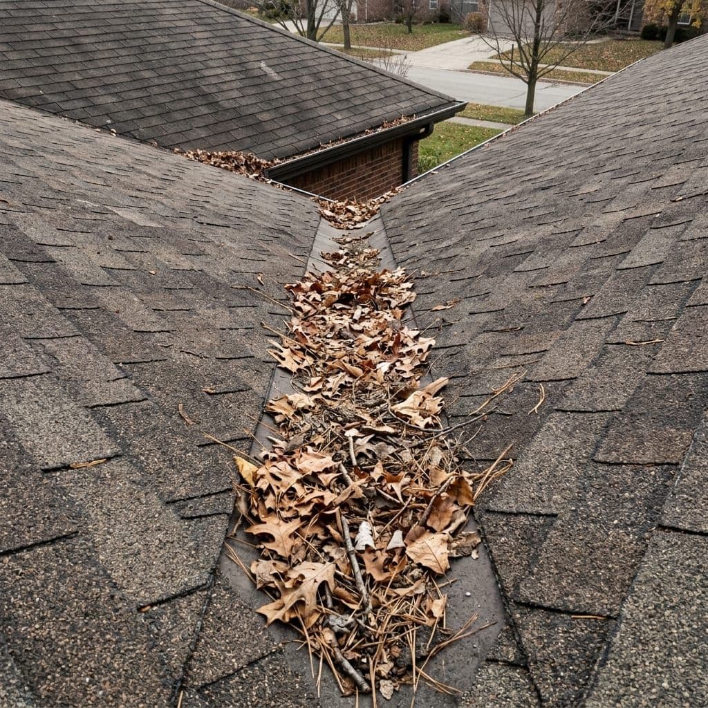 High-angle view of a shingled roof valley packed with dry leaves and pine needles