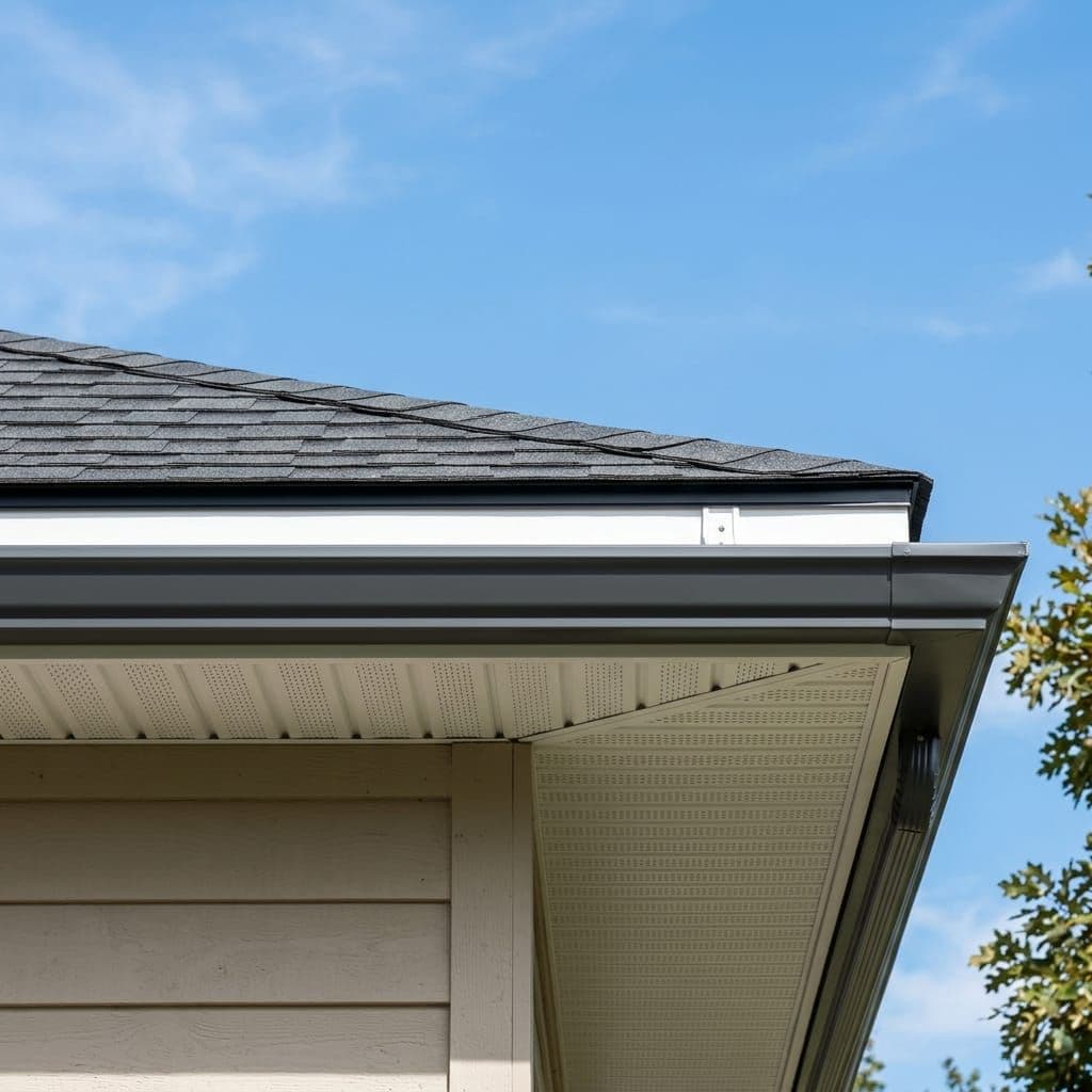 Close-up of a house's roof edge showing fascia, vented soffit panels, and eavestrough
