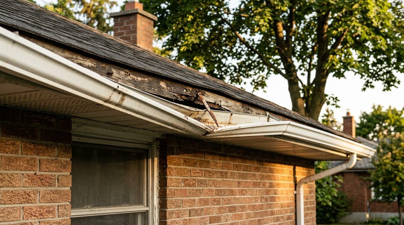 Eavestrough sagging mid-run with a gap between the gutter and the fascia on a brick bungalow