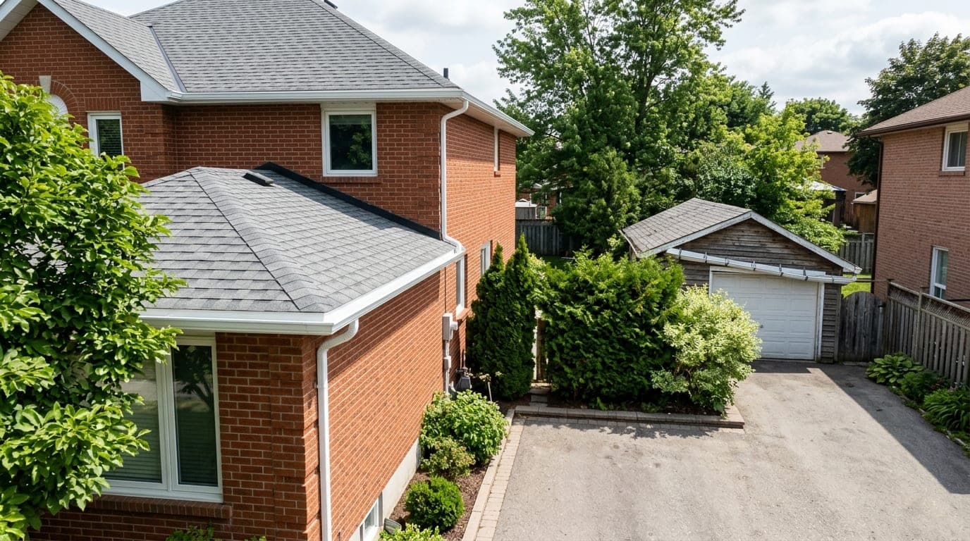 Long seamless eavestrough on a two-storey house with a jointed sectional gutter on the garage behind