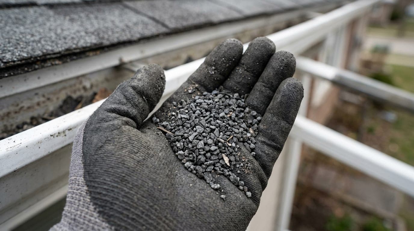 Gloved hand holding dark shingle granules scooped from an eavestrough