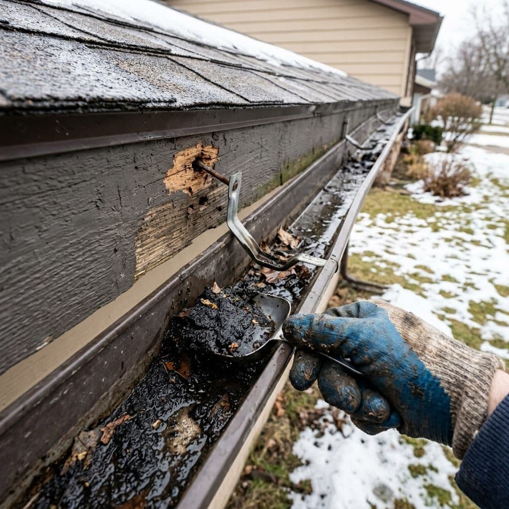 Gloved hand scooping out granule sludge from a sagging gutter after winter