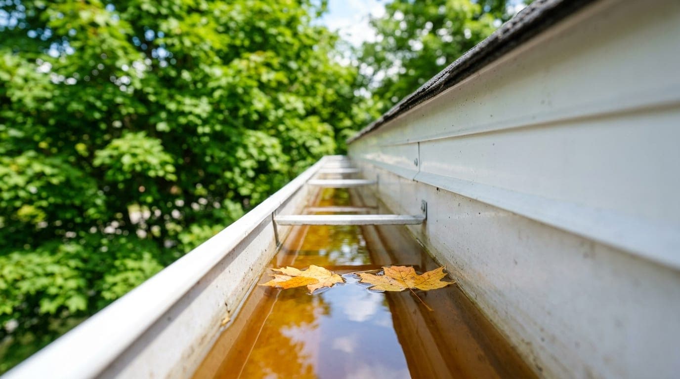 Pool of still brown water sitting in an aluminum eavestrough on a summer day