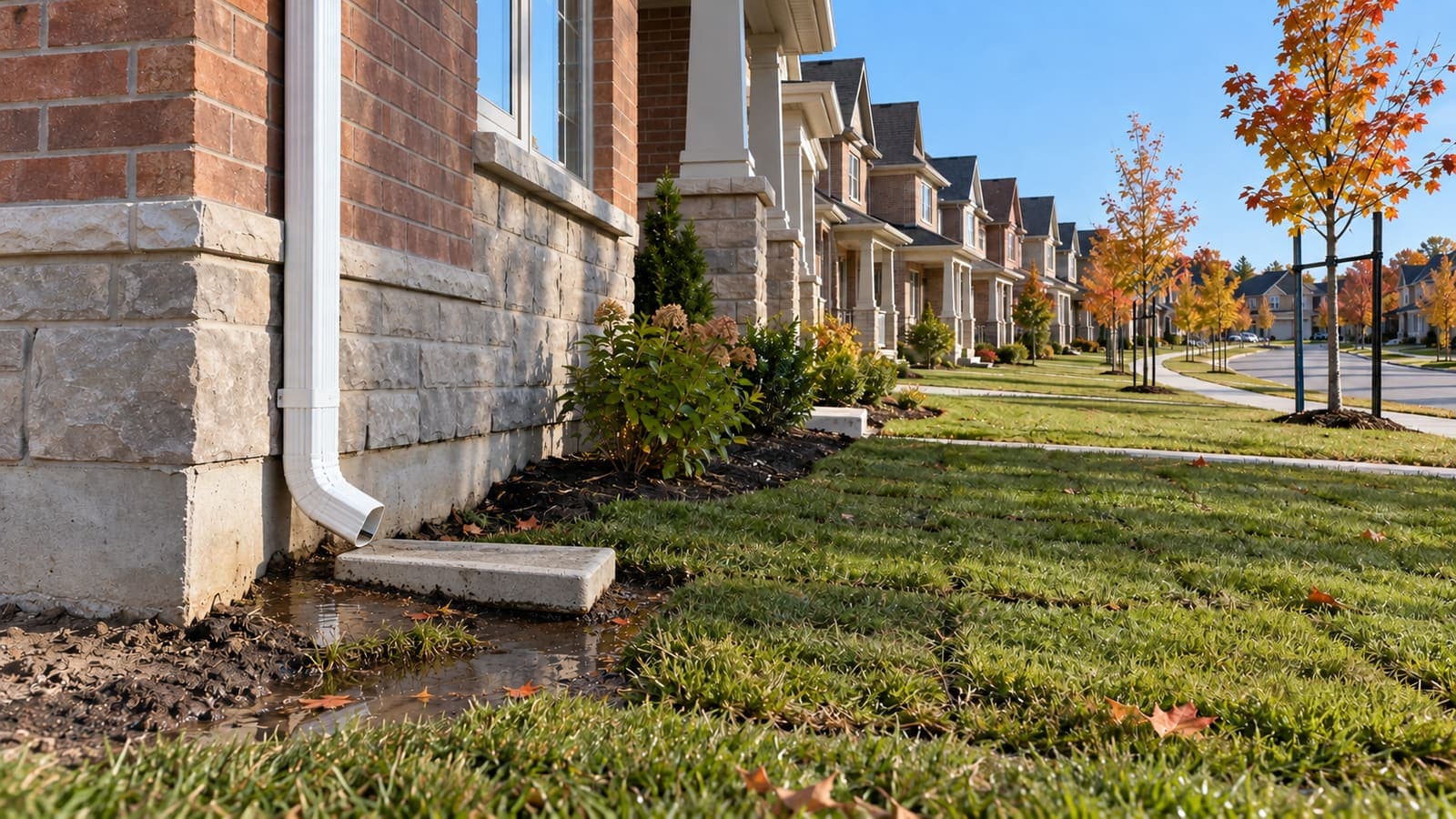 New two-storey homes with fresh sod and white eavestroughs, one splash pad tipped and a puddle by the foundation