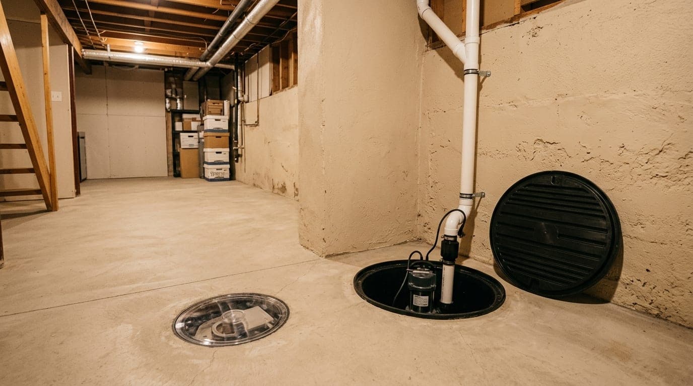 Dry basement with a new sump pump in its pit and a backwater valve access cap in the floor