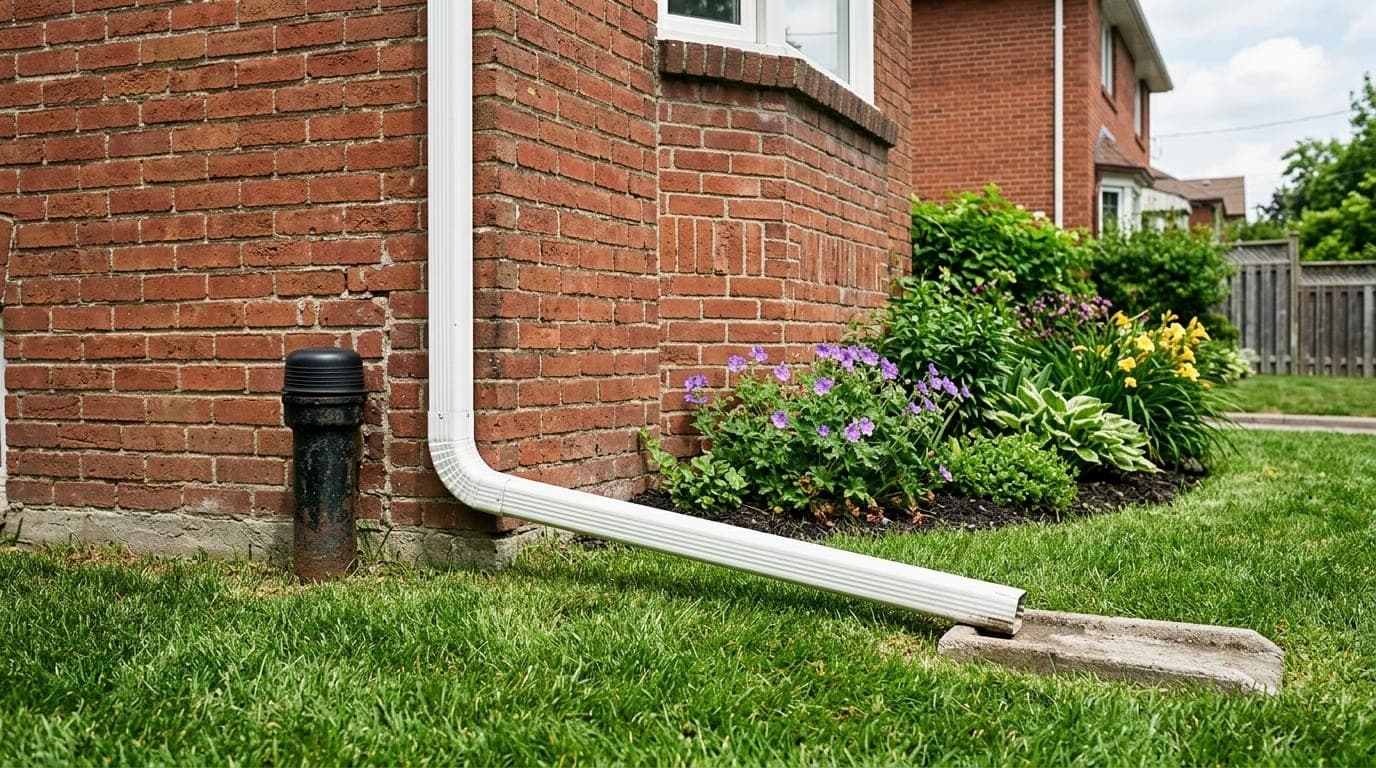 Downspout disconnected above a capped standpipe with an extension leading to a splash pad