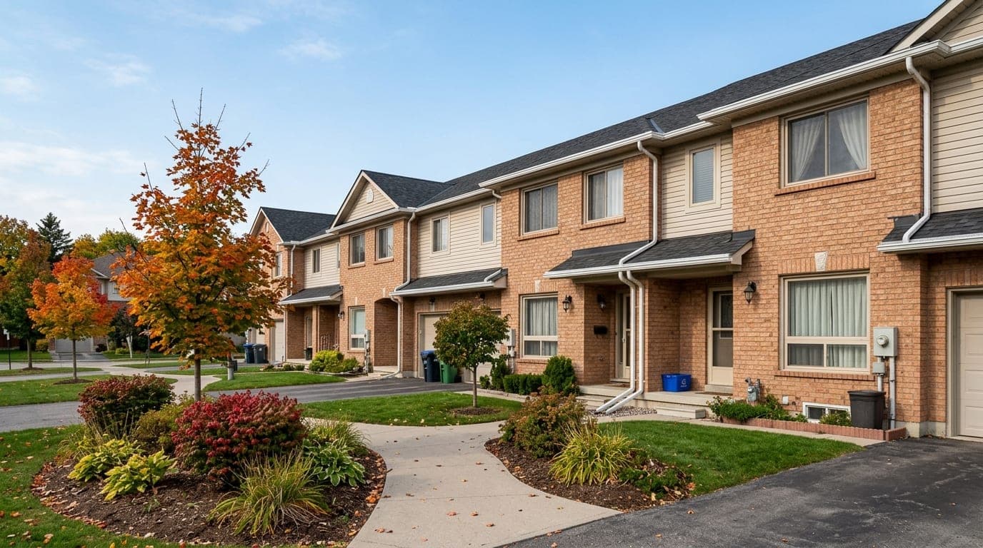 Row of attached townhouses sharing one continuous eavestrough in a Mississauga complex