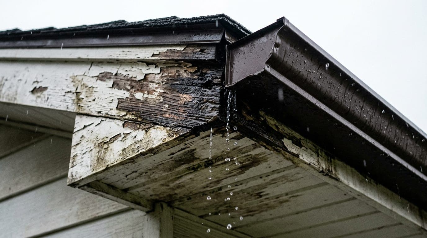 Rainwater dripping between the back of a gutter and a stained, peeling fascia board