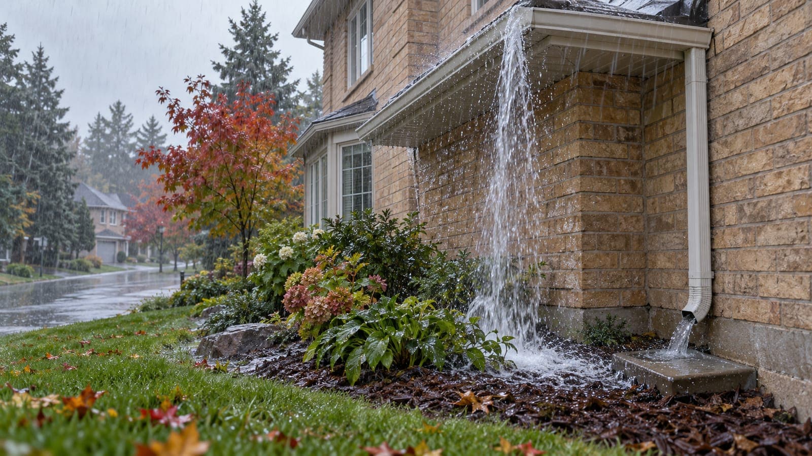 Rain sheeting over an eavestrough corner into a garden bed against a brick home's foundation