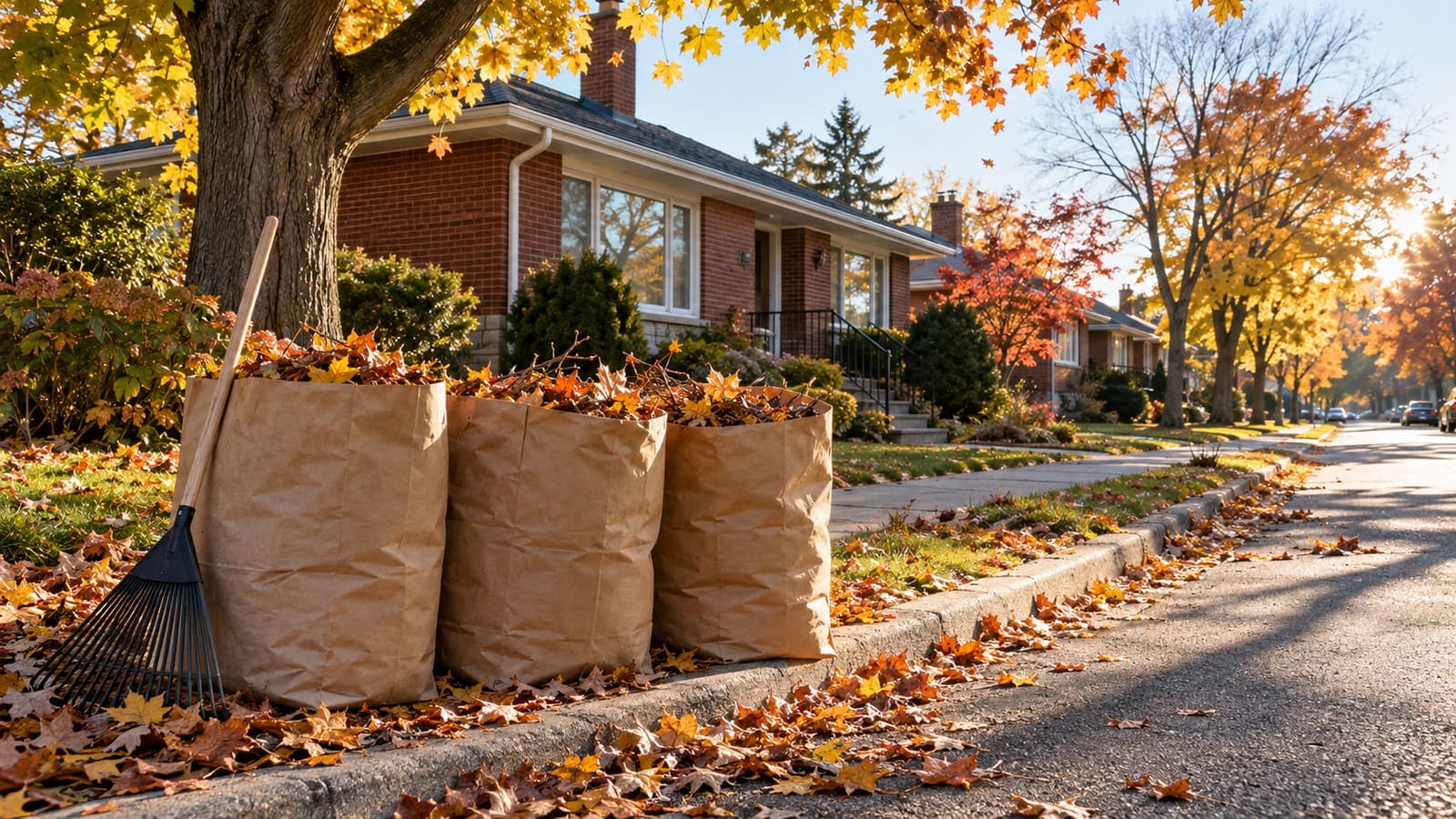 Kraft paper yard waste bags full of maple leaves at the curb in front of a brick bungalow