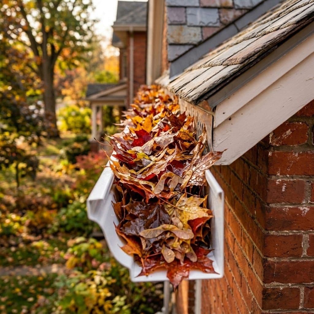 Eavestrough packed with wet fall leaves before cleaning