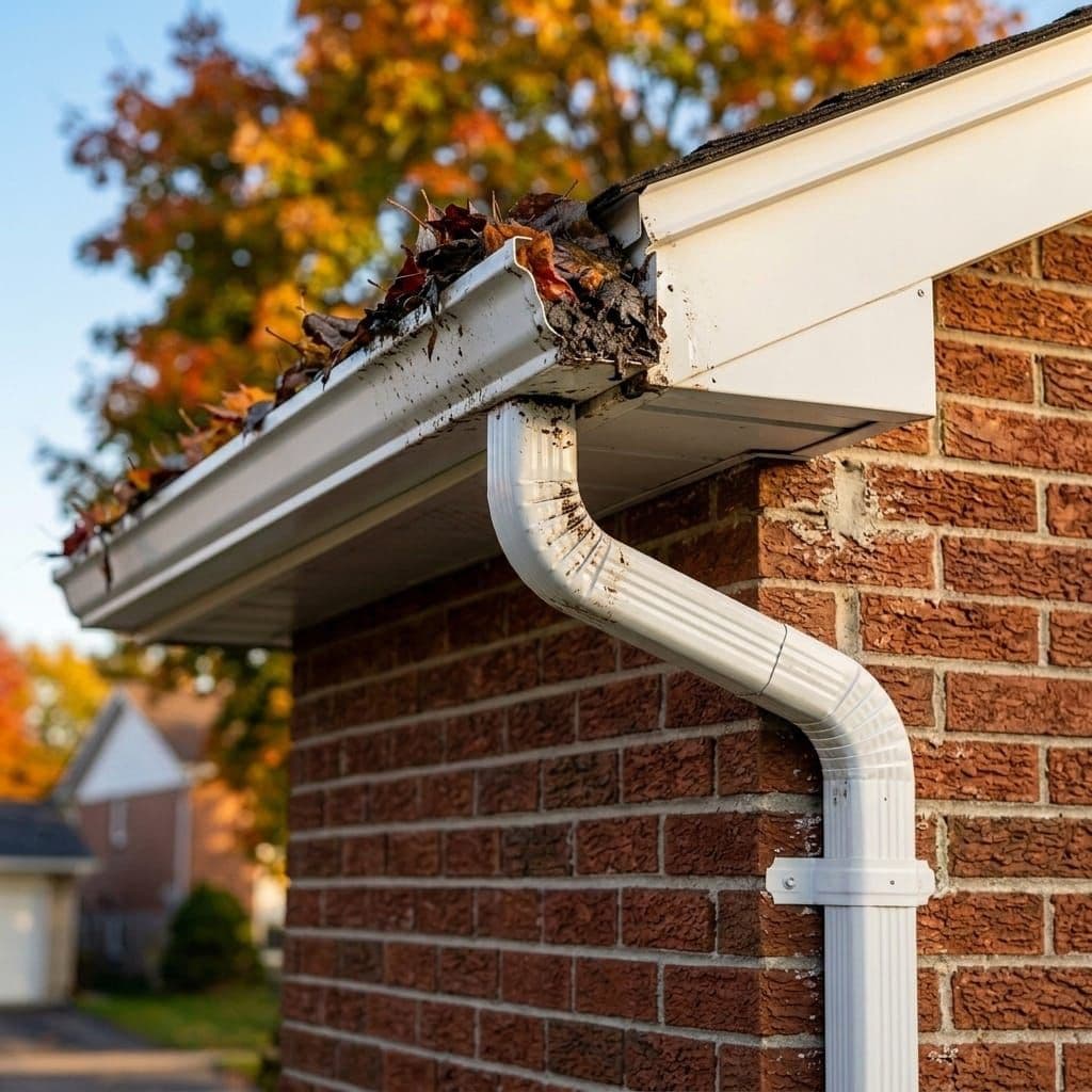 Clogged gutter overflowing at the corner before service
