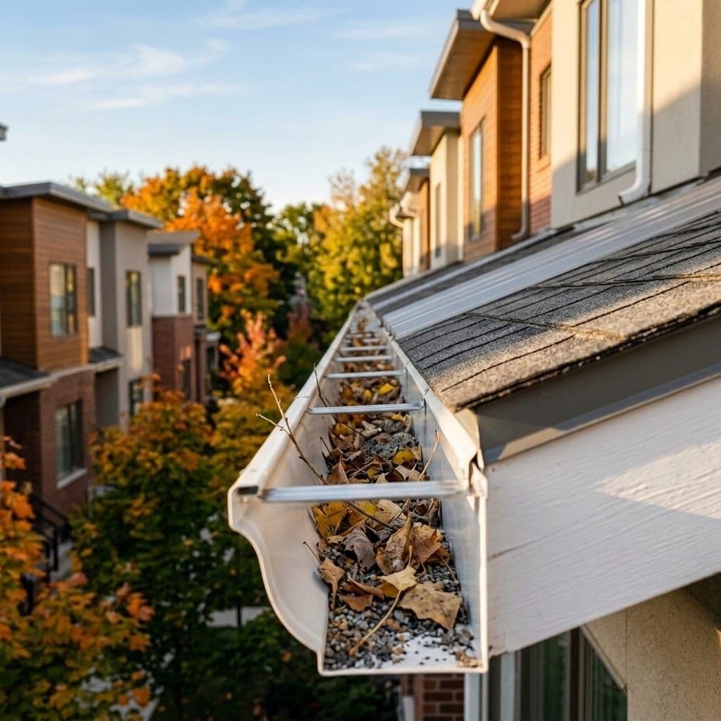 Townhouse gutter run loaded with leaves before cleaning
