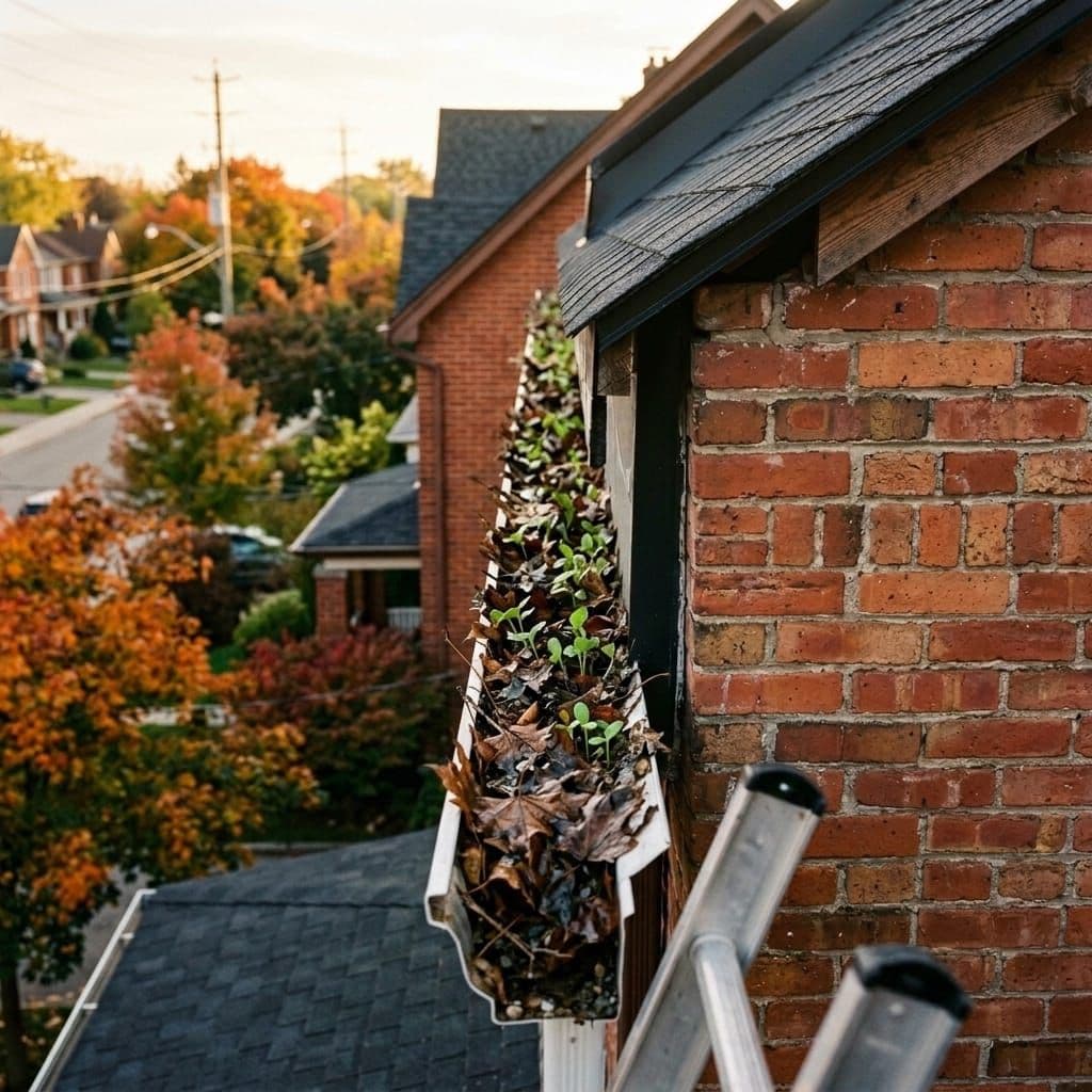 Century-home gutter with compacted debris and seedlings