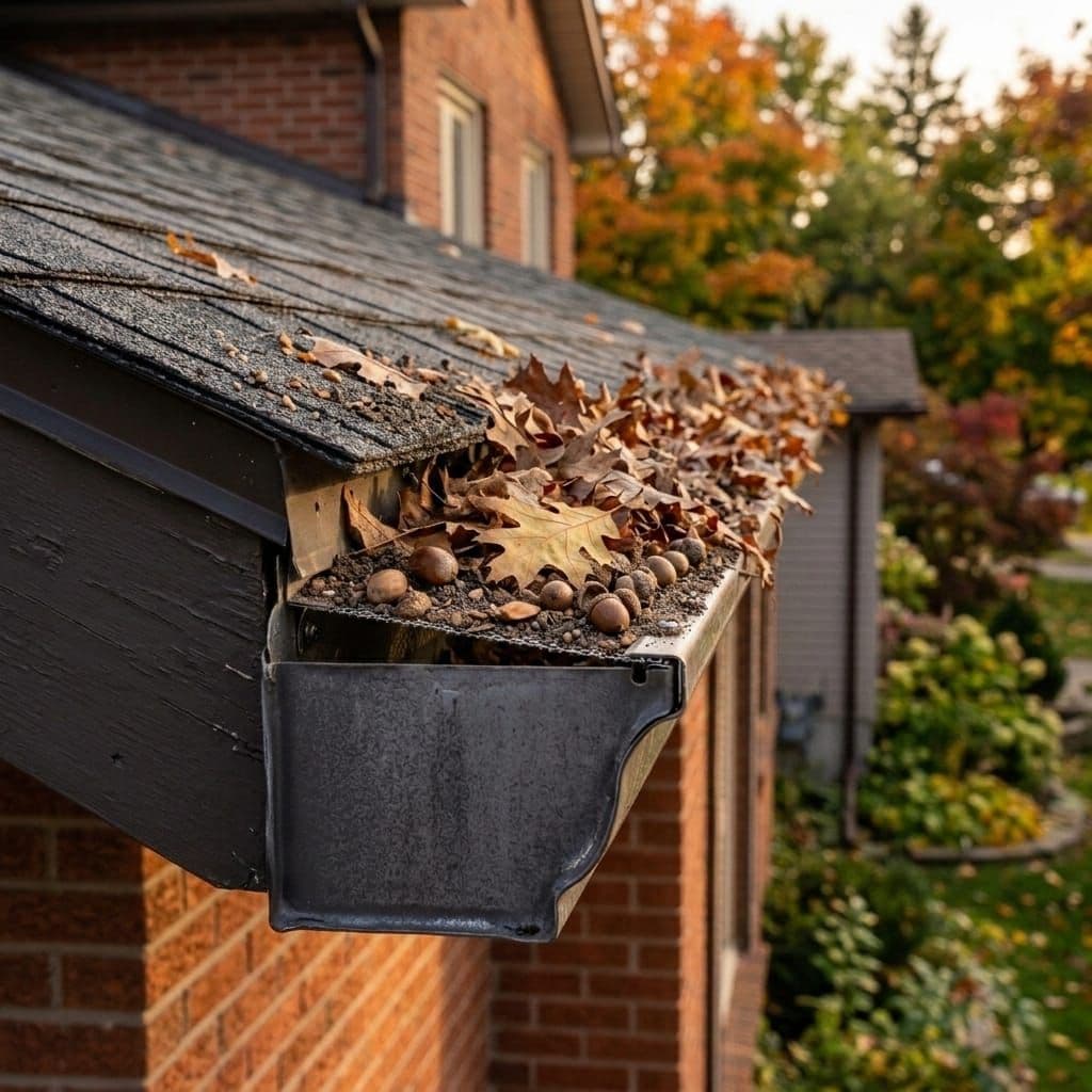 Guard lifted showing packed grit and seeds underneath