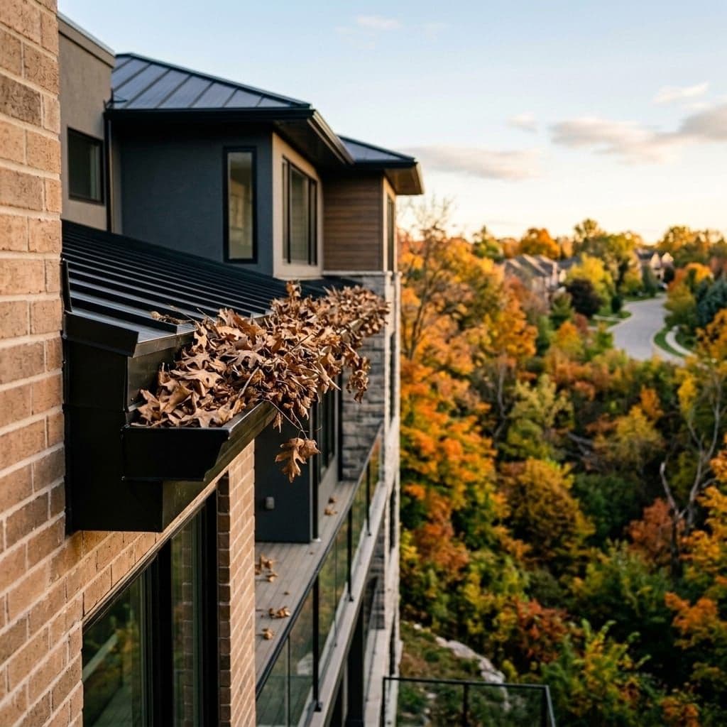 Rear gutter run mounded with ravine debris before cleaning