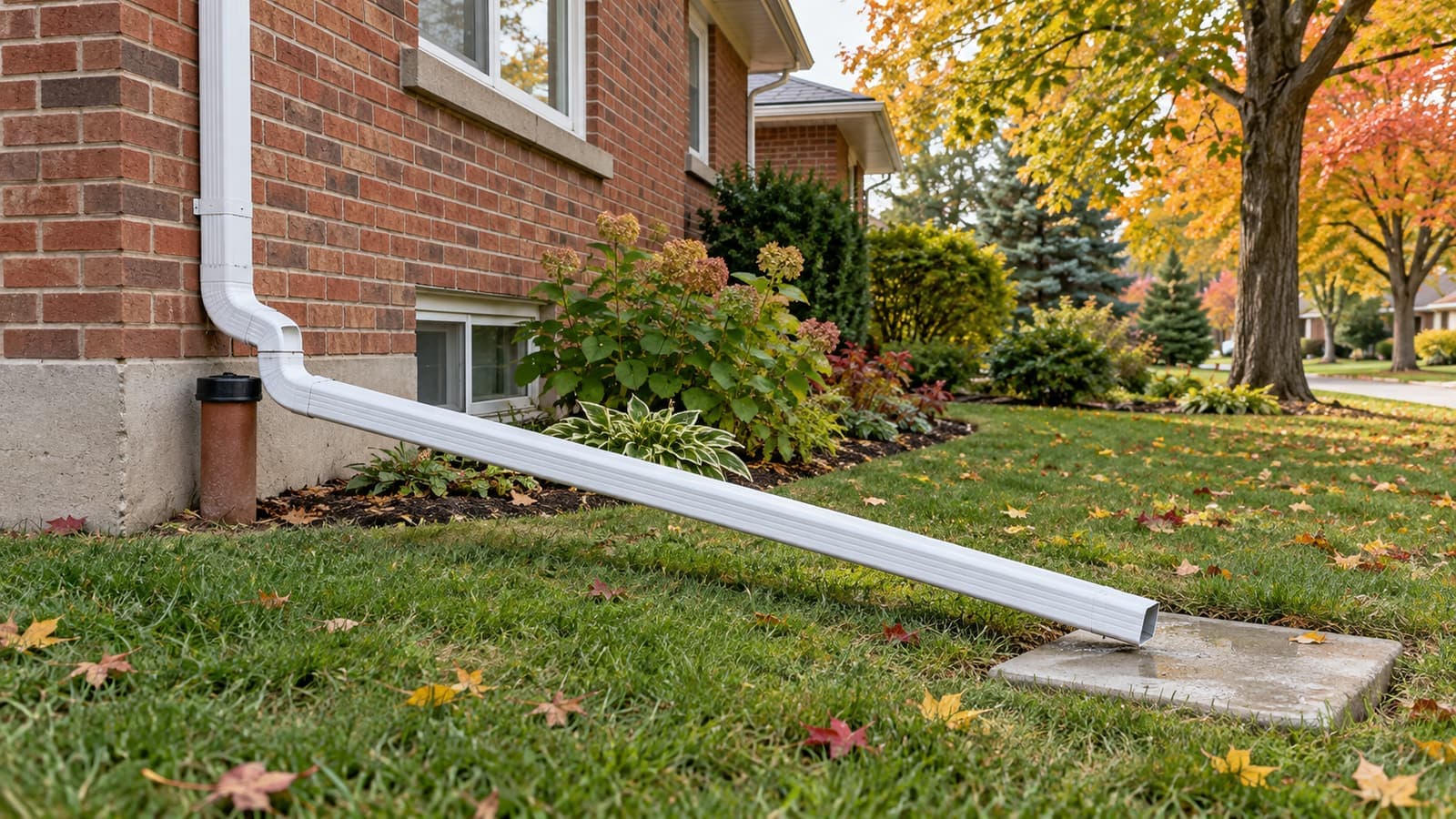 Downspout cut above a capped clay standpipe with an extension carrying water to a splash pad