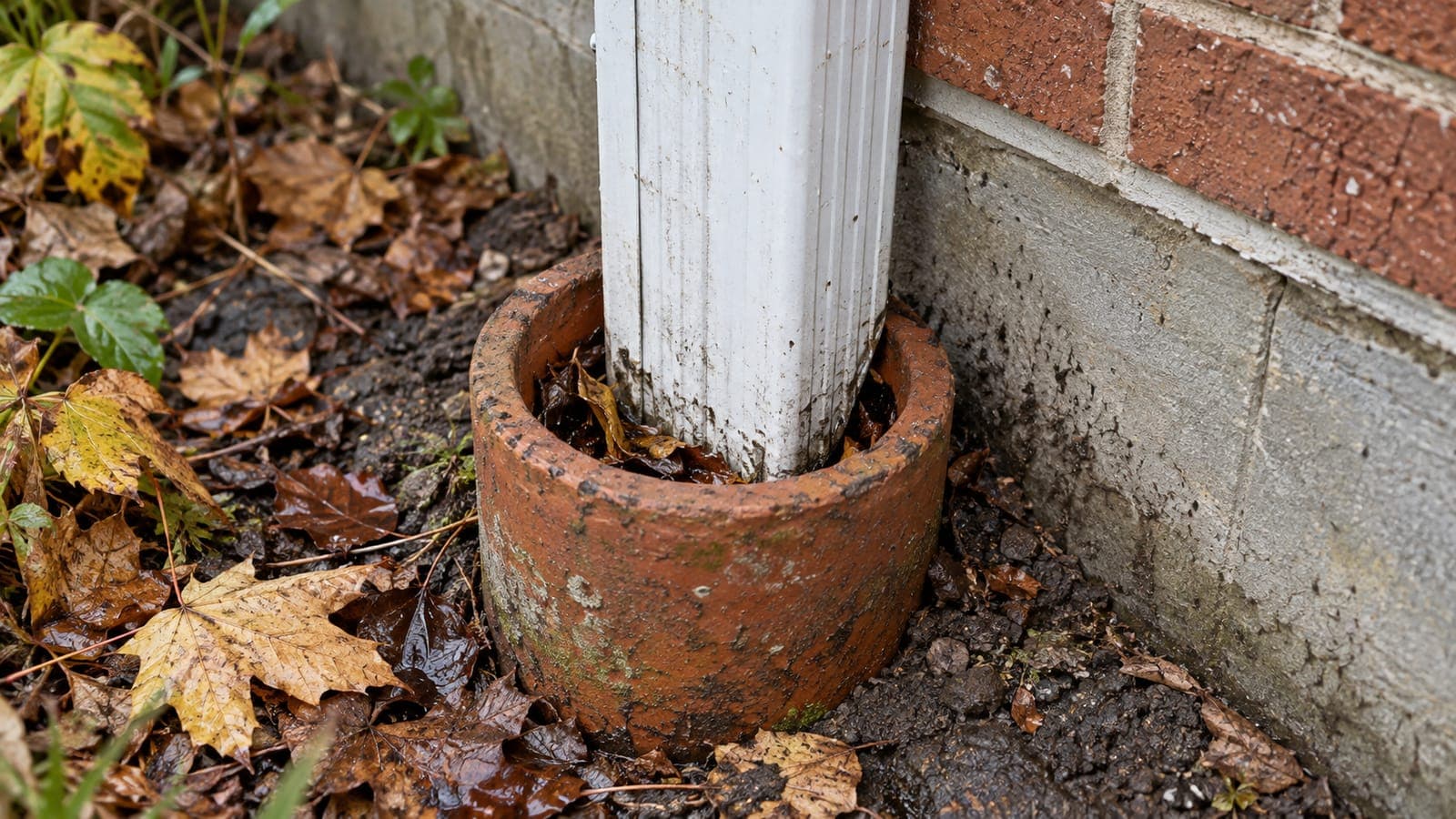 Downspout running straight into an old clay standpipe in the ground beside a house