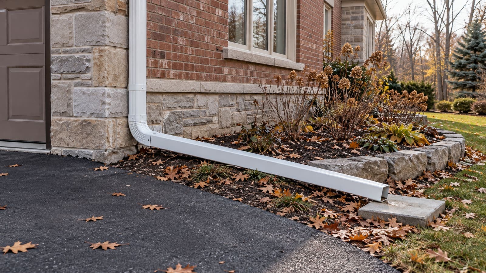 Downspout extension running along a foundation to a garden bed instead of across the driveway