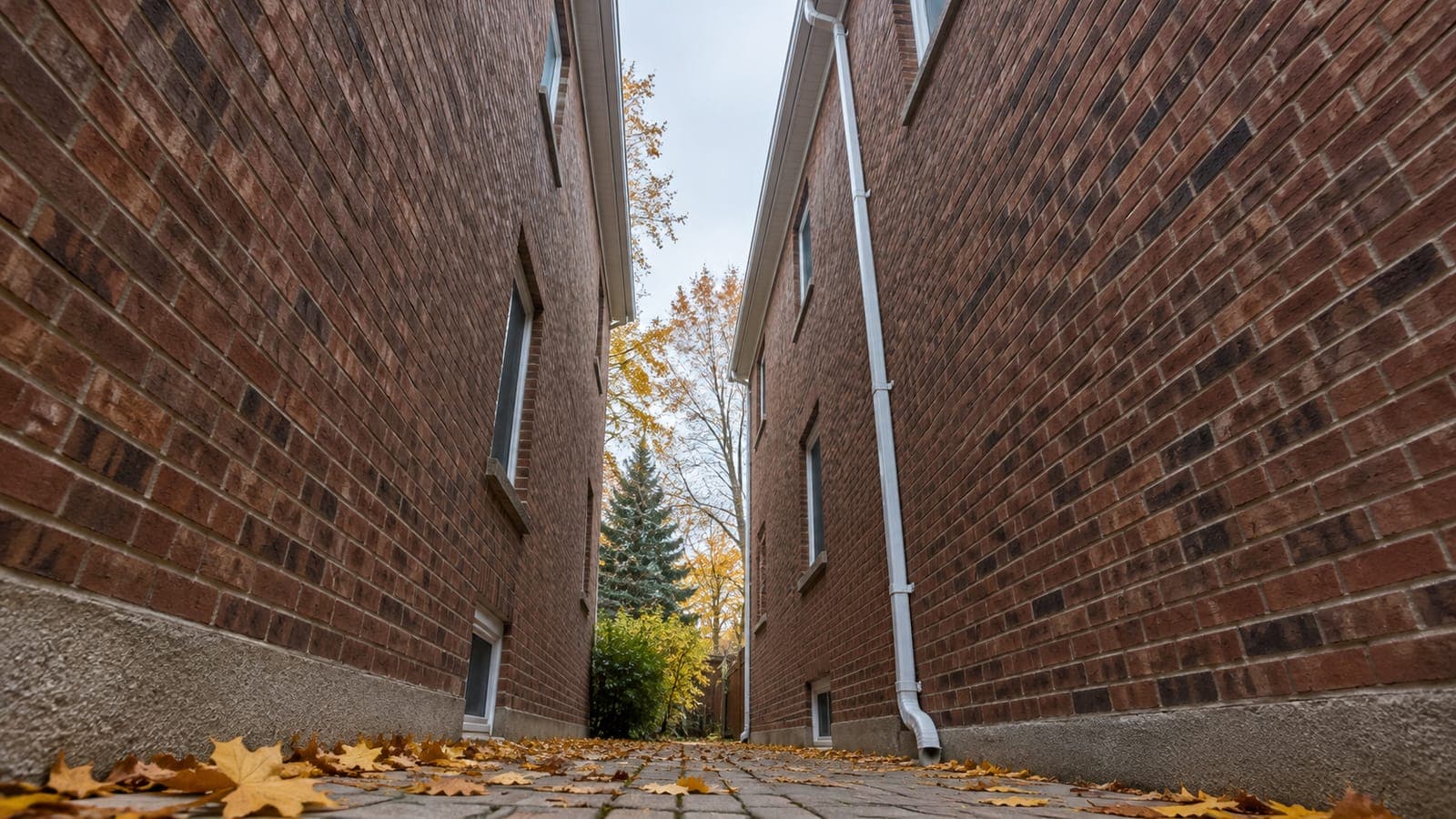 Looking up a narrow side yard to a third-storey eavestrough edge and a tall downspout with several joints