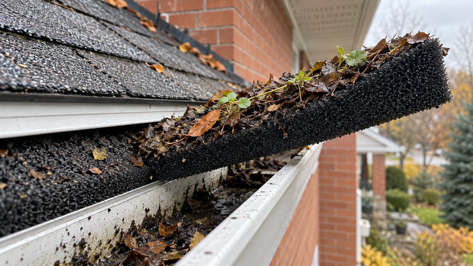 Foam gutter insert pulled halfway out of an eavestrough, its top packed with rotting leaves and seedlings