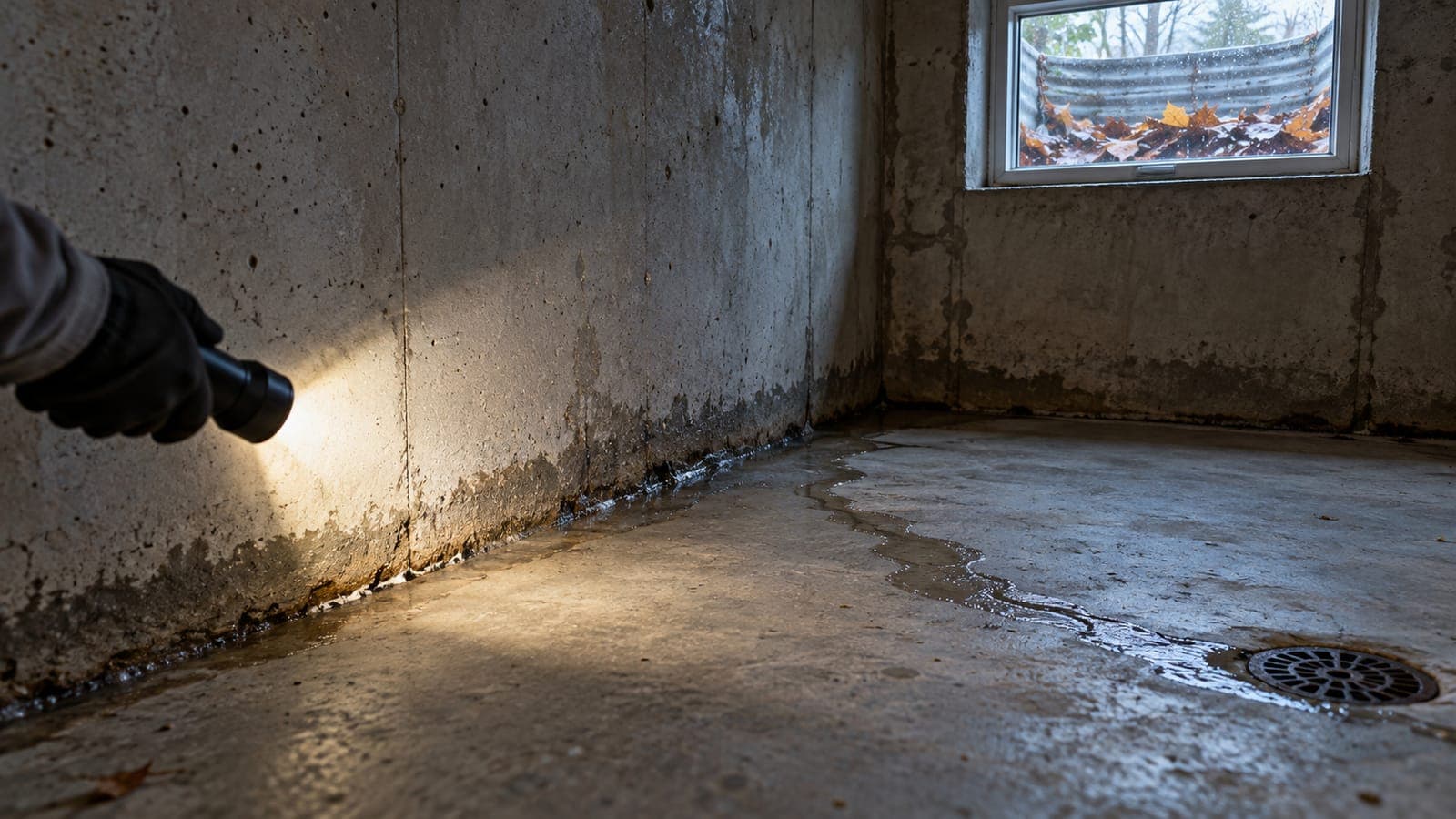 Damp tide line along the base of a basement wall where it meets the floor, lit by a flashlight