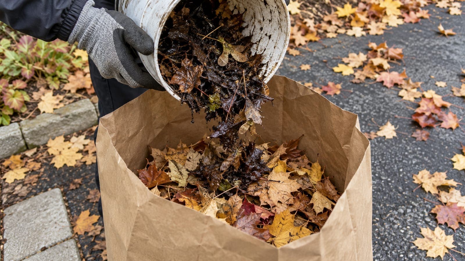Gloved hands tipping wet gutter sludge into a kraft paper bag half full of dry leaves