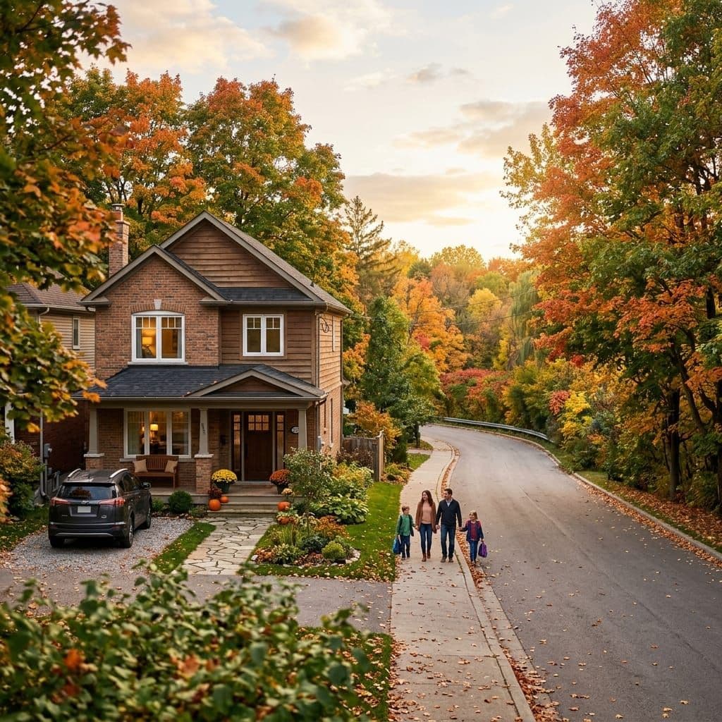 Family two-storey Ajax home on a street near Duffins Creek corridor of maples and willows