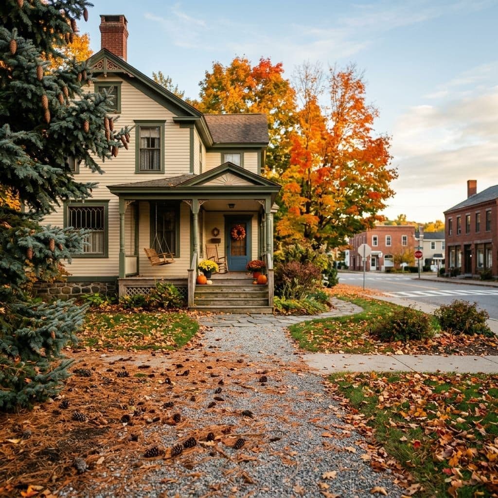 Character Aurora home near four corners with towering blue spruce and sugar maples