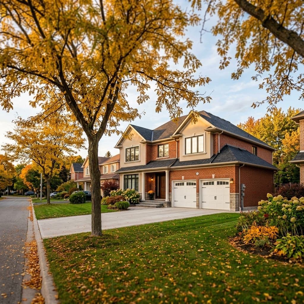 Wide two-storey detached Brampton home under mature honey locust trees