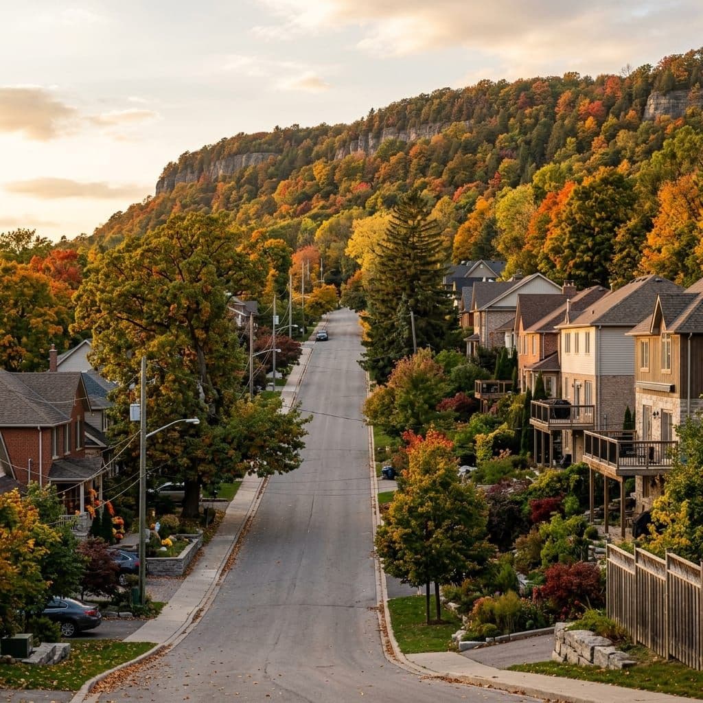 Burlington residential street climbing toward the Niagara Escarpment under oaks and pines