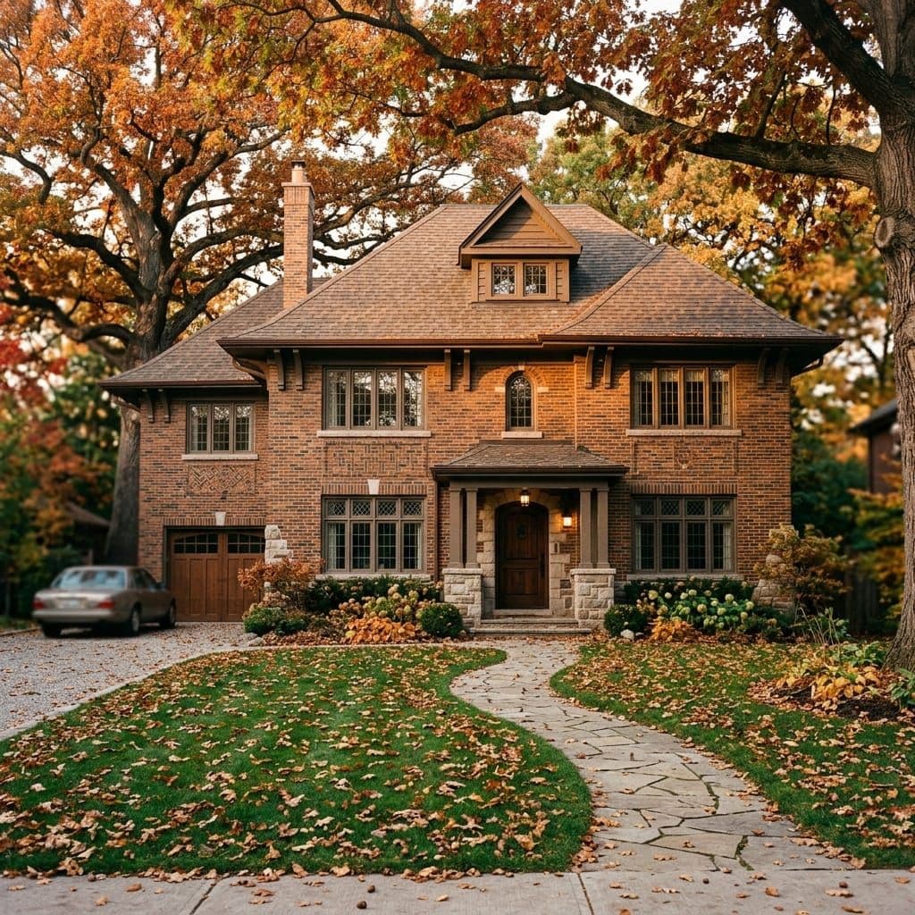 Grand two-storey Kingsway-style brick home under giant old oak trees
