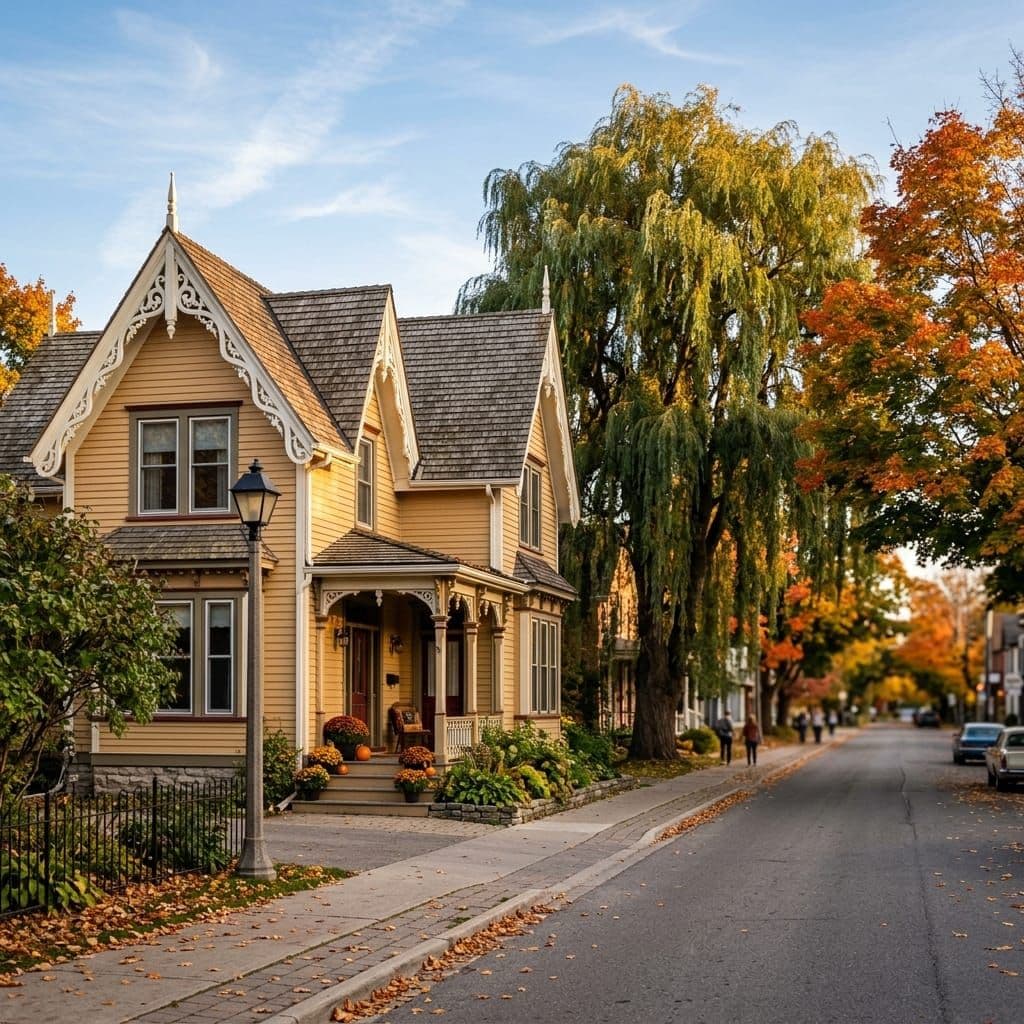 Heritage Markham home with gingerbread trim beside mature maples