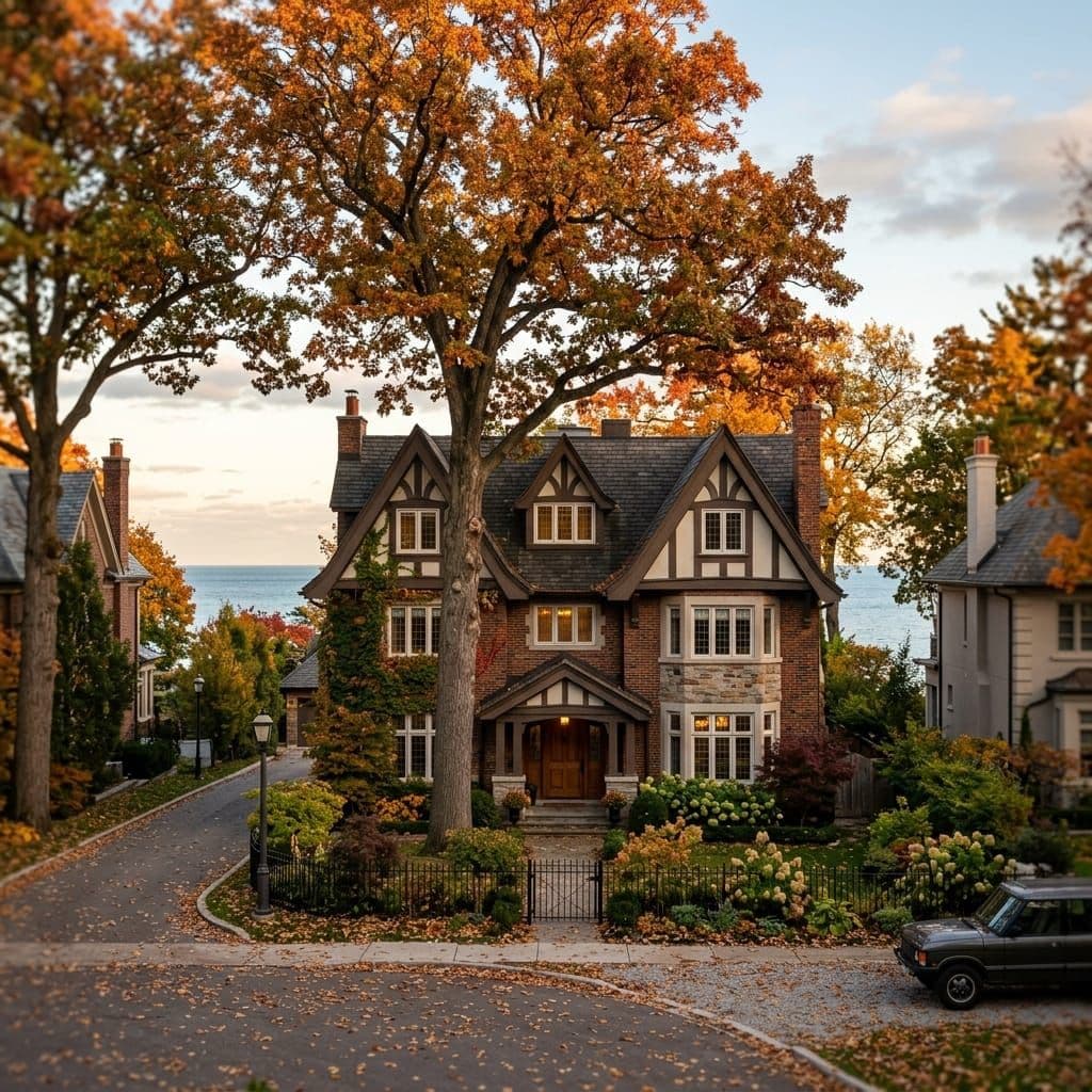 Stately three-storey Oakville home under towering oaks near Lake Ontario
