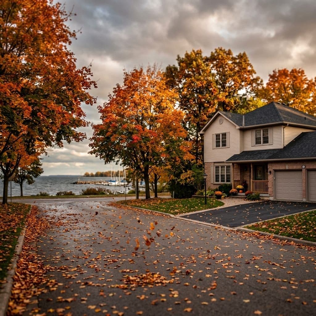 Lakefront-adjacent 1980s Pickering home under mature maples under a windy lake sky