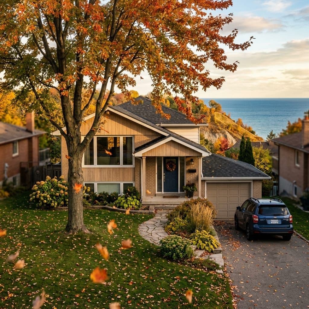 Post-war side-split house near the Scarborough Bluffs with a silver maple