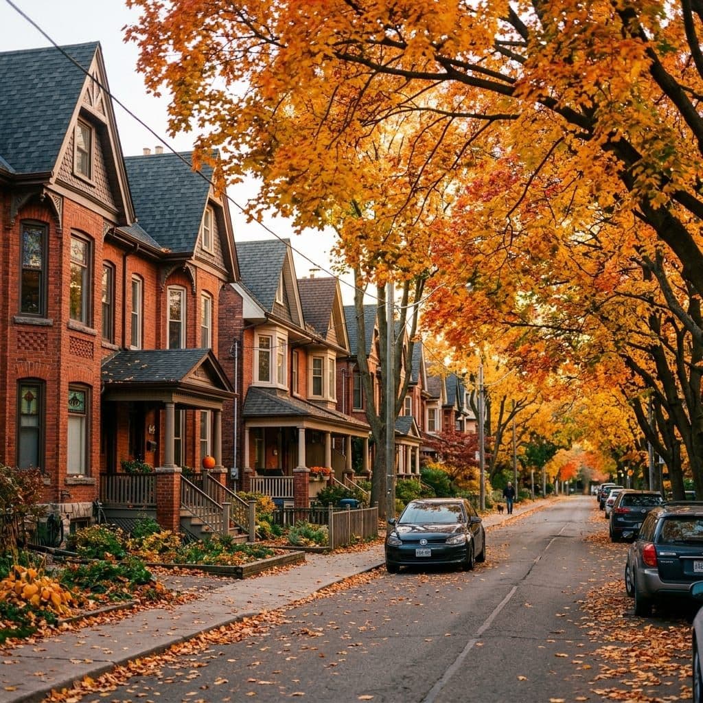 Toronto street of tall brick semis under mature maple canopy