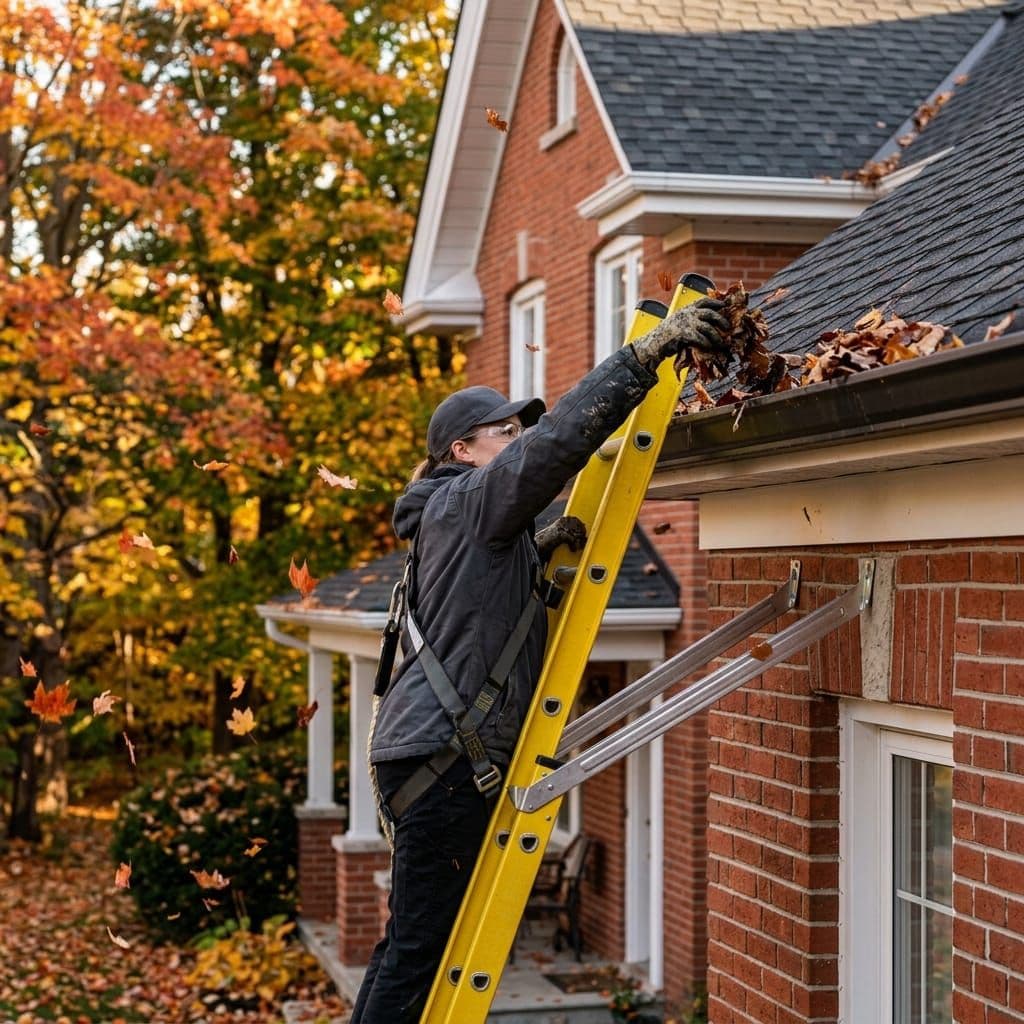 Technician on a ladder clearing eavestroughs surrounded by fall leaves