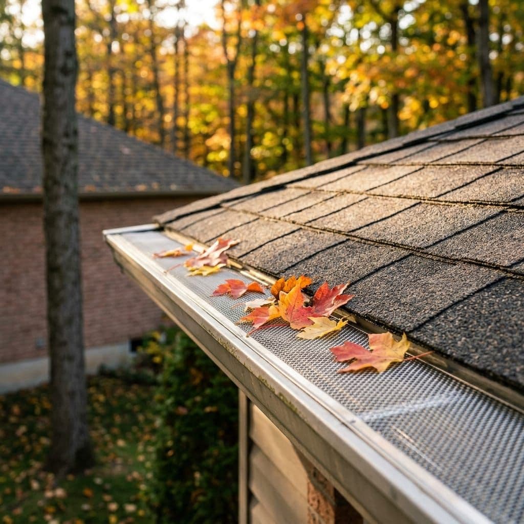 Gutter guard mesh installed along a roofline