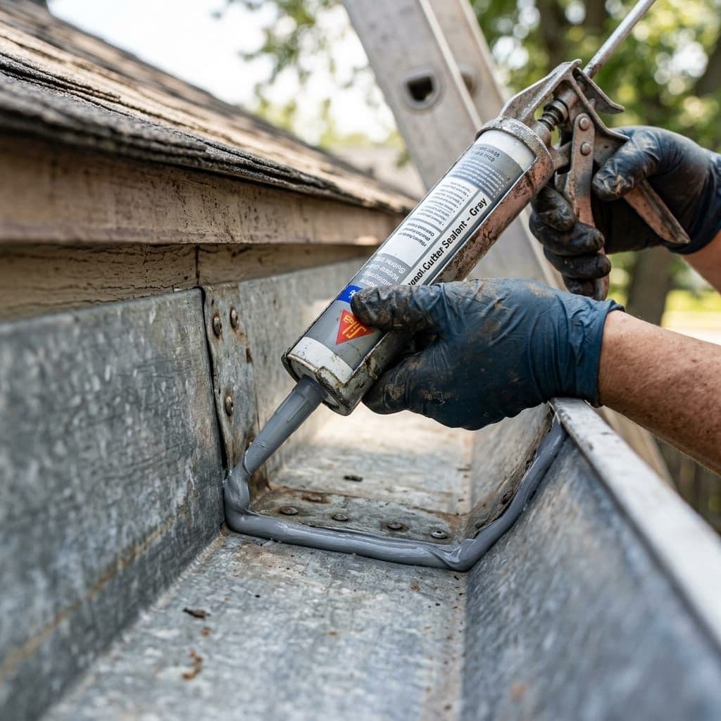 Technician resealing a gutter joint